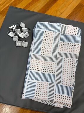 Broyhill  Geometric Dot & Stripe Shower Curtain - White Blue Gray Brown w/hooks